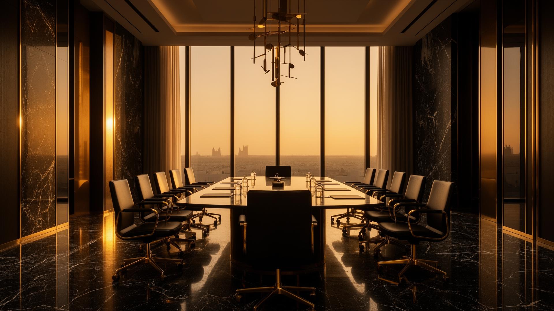 Luxury Middle Eastern boardroom at golden hour